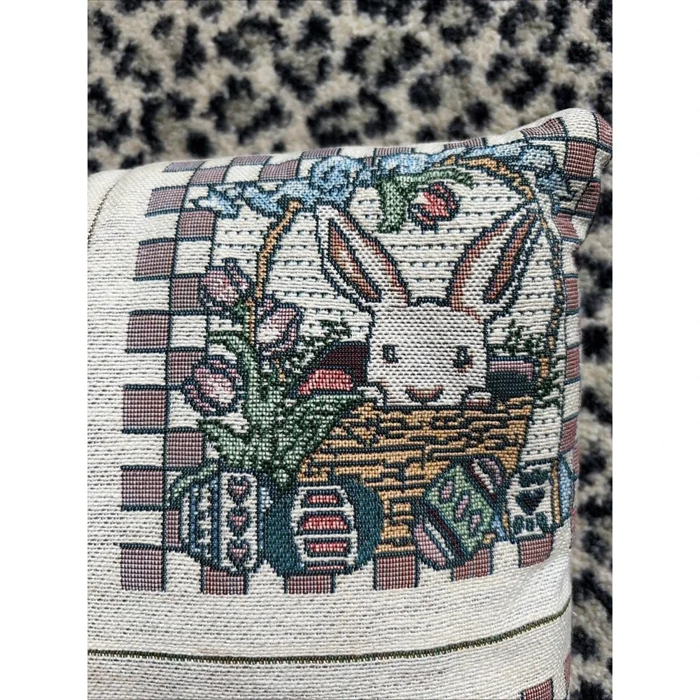 VTG Needlepoint Tapestry Four Window Bunny Easter Pillow, 11.5x11.5